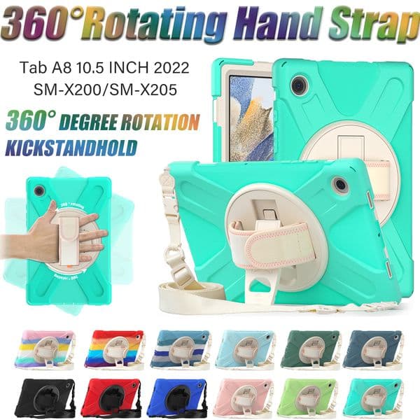 360 Rotating Hand Strap Tablet Cases For Samsung Galaxy Tab A8 10.5" X200/X205 Shockproof Kids Safe PC Silicon Stand Cover Case With Shoulder Strap + Screen Protector