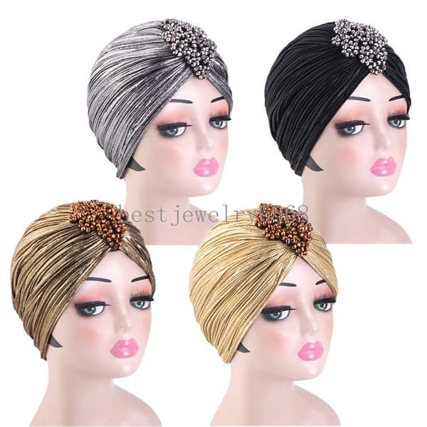 New Muslim Women Fashion Shiny Beaded Hijab Hat Indian Turban Cancer Chemo Cap Hair Loss Headscarf Beanies Bonnet Turbante Mujer