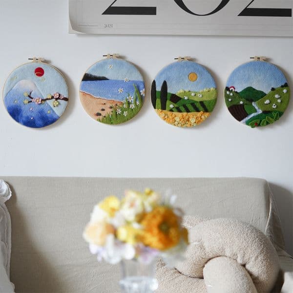 DIY Wool Felting Painting With Embroidery Kit Flower Landscape Painting Needle Wool Handmade For Home Decor Mom Friends Kids