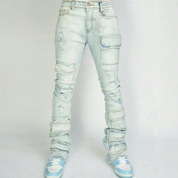 vintage cargo jeans mens stretch torn washed Y2k pants straight leg mens patch denim Trouser 241203