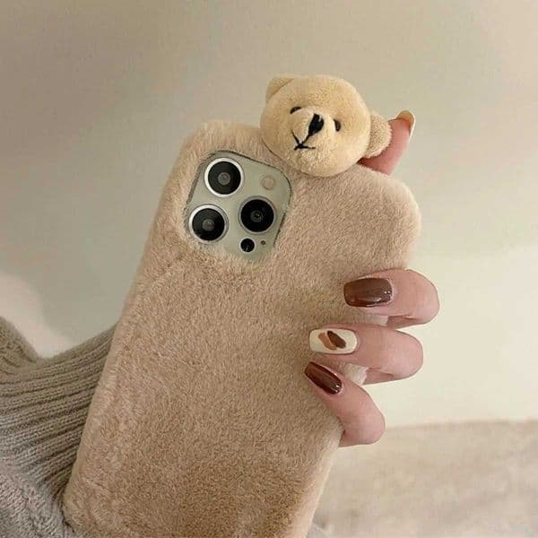 Bear plush phone case suitable for iPhone 16 Pro Max cute fabric warm and soft fur winter phone cover suitable for iPhone 15 Pro Max 13 11 Funda Capa M241209