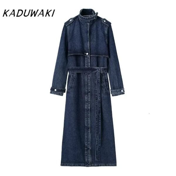 KADUWAK Fashion Retro Collar Long Sleeve Cowboy Trench Coat Trend Splicing Belt Matching 241211