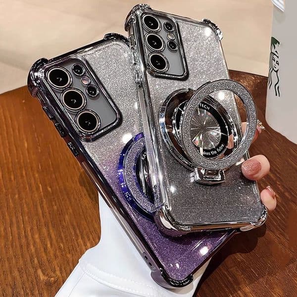 Luxury Four Corner Bling Glitter Clear Soft TPU Ring Stand Magnetic For Magsafe Wireless Cases For Samsung S22 S23 S24 S25 Ultra Plus A05 A05S A16 A06 A15 A25 A35 A55