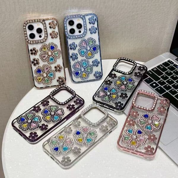 Bling Diamond Flower Cases For Iphone 17 Air 16 Plus 15 14 13 Pro Max 12 11 Luxury Chromed Soft TPU Rhinestone Heart Love Shinny Plating Metallic Clear Phone