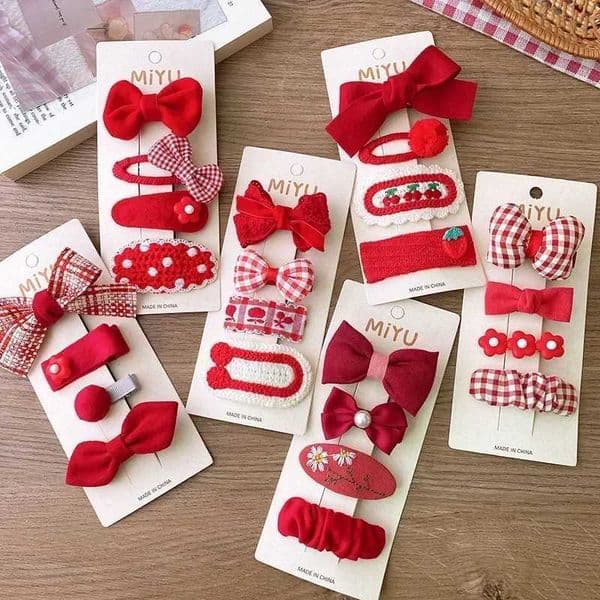 4 Pcs New Year Red Color Hair Clips Set Girls Sweet Bow Flowers Fabric Hairpins Child Barrettes Christmas Hair Accessories GiftsXJ241217
