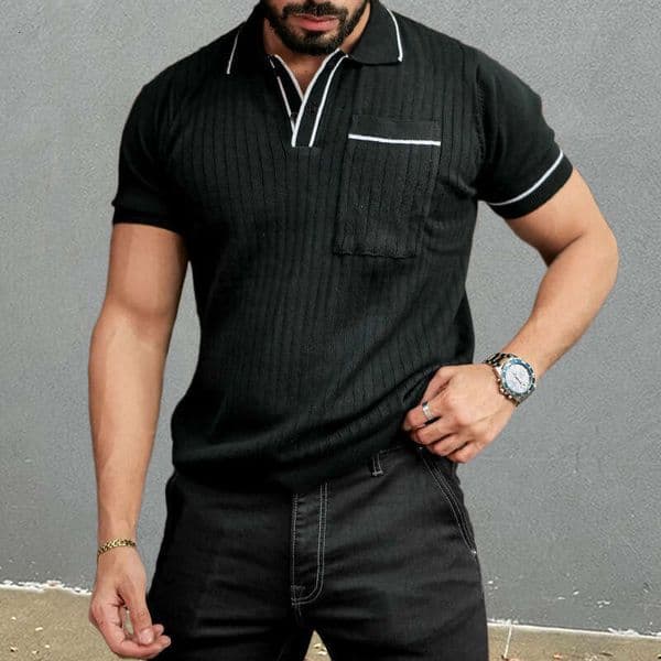 European And American Knitted Shirt Short Sleeved Polo Collar Pocket Slim Fit Sweater Casual Muscle Men's Fashion Quality Classic