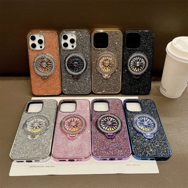 Luxury Gyroscope Gyro Fold Bracket Stand Magnetic For Magsafe Wireless Charging Bling Glitter Shiny Full Diamond Cases Shockproof For iPhone 16 15 14 13 12 11 Pro Max