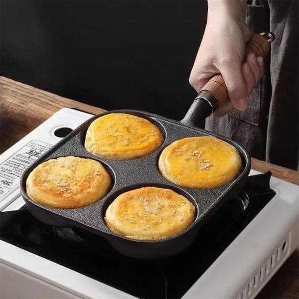4-Hole Frying Pan Wooden Handle Non Stick Breakfast Burger Egg Pancake Maker Cookware Pancake Pan for Gas Stove Induction Cooker