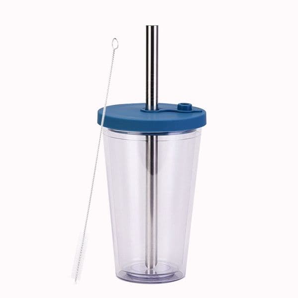 15.2oz Clear Plastic Coffee Tumbler with Straw Lid Reusable Cup Cleaning Brush Travel Mug