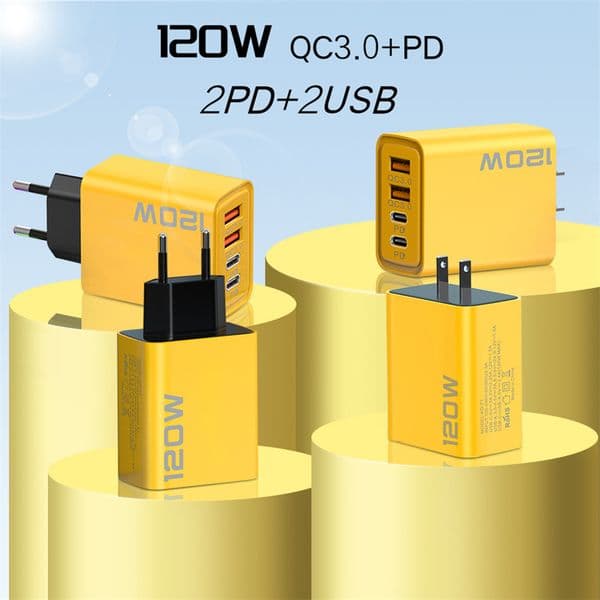 120W Power Adapter Fast Charging 4 Ports Mobile Phone Charger QC3.0 USB Type C Chargers Dual PD Wall Adapter EU/US/UK Plug for iPhone 17 16 15 Xiaomi Samsung