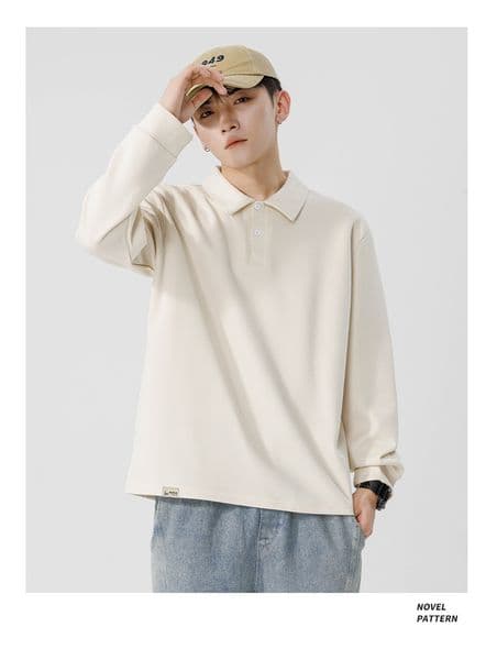1 Men Long-sleeved Autumn and Winter Heavy Loose Solid Color Lapel Youth Casual