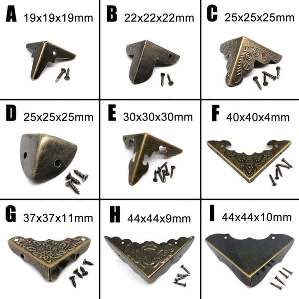 12pcs Decorative Jewelry Chest Wine Gift Box Wooden Case Antique Brass Golden Furniture Corner Protector Cover with Screws Nails