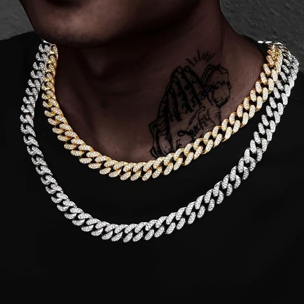 Cuban Chain Bracelet Necklace Tennis Chain Necklace Fashion Jewelry Pass Diamond Choker 12mm Width Out Silver Gold Plate for Men Women Rock Hip Hop Jewelry