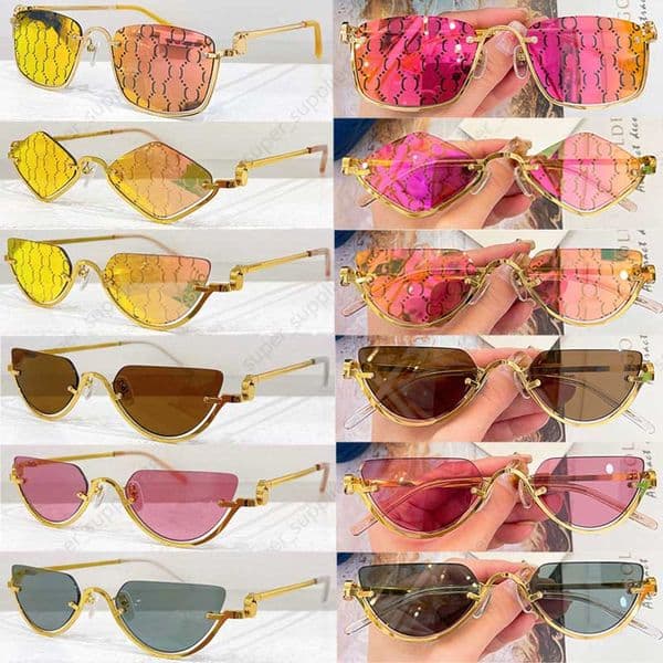 24SS Spring New Women Designer Cat Eye Sunglasses GG1603S Fashion Pink with Logo Lens Gold Hollow Metal Frame UV400 Sunglasses Luxury Women Small Frame Glasses