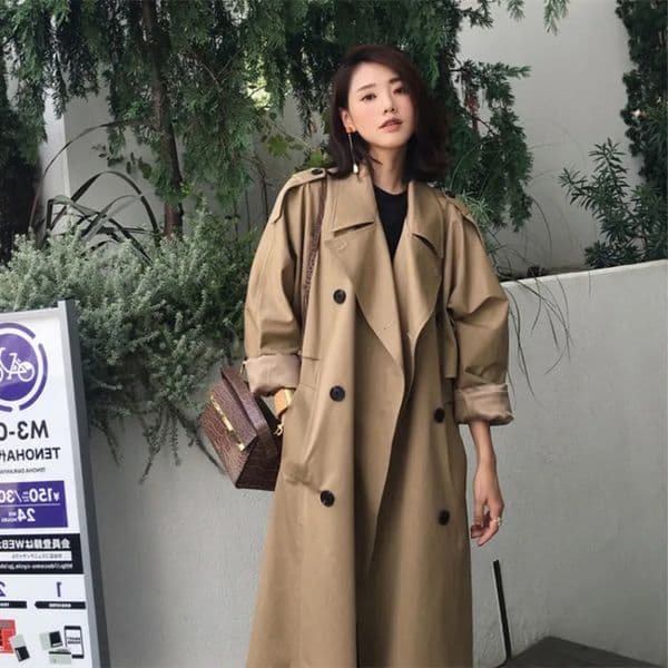 Womens Autumn Classic Double Chest Long Trench Jacket with Womens Solid Color Collar Windproof Collar Womens Winter Coat 241031