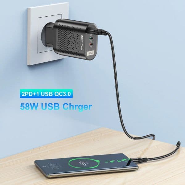 USLION 58W USB C Charger Tablet Travel Fast Charge Type C PD Quick Charging EU KR Standard Plugs Charger Adapter For iPhone 14