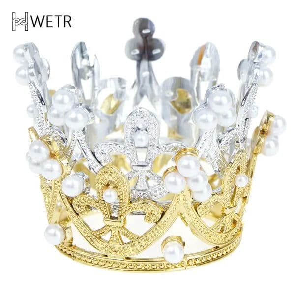Mini Golden Crown Cake Topper Crystal Pearl Tiara Children Hair jewelry Ornaments