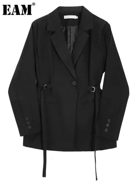 EAM Black Bandage Buckle Causal Blazer Women Lapel Long Sleeve Loose Fit Jacket Fashion Spring Autumn 30A2051 241021