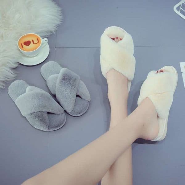 Autumn And Winter Fashion Simple Cross Strap Hairy Women, Home Soft Bottom Cotton Slippers For Women