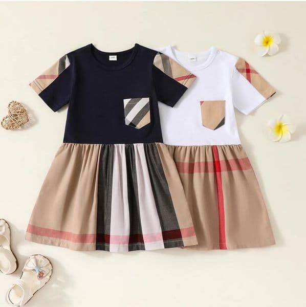 Kids New Style Short Sleeve Girl Dress Plaid Casual Wear Bow Cotton Kids Clothing Children's Wear Autumn Fashion 2-6 Years Mini Skirt Dresses AA