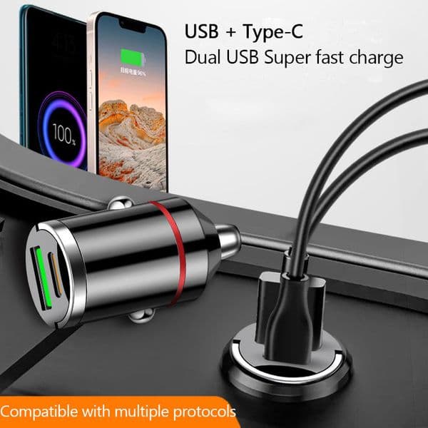 2025 100W Dual Ports Mini USB Car Charger Super Fast Charging Phone Charge Adapter Cigarette Socket Lighter 12-24V