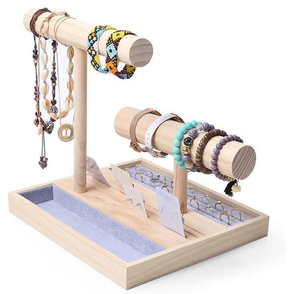 Wooden Single 2T-Bar Rack Bracelets Watches Bangles Necklace Jewelley Display Holder Stand Velvet Jewelry Organizer Wholesale