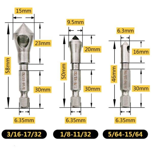 STONEGO 3PCS 90 Degrees Countersink Bit Deburring Drill Bits Tapper Hole Cutter Hand Tools Wood Soft Metal Plastic Chamfer