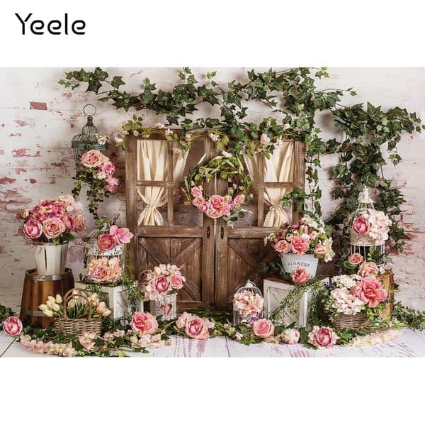 Yeele Baby Shower Birthday Photography Backdrop Flowers Wooden Door Party Decor Photographic Background Photo Studio Props