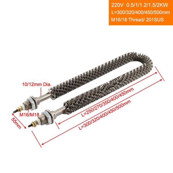 220/380V U Type Heater Element 10/12mm Tube Diameter Fin Tubular Heating Element M16/M18 Thread U Shaped Electric Heating Tube