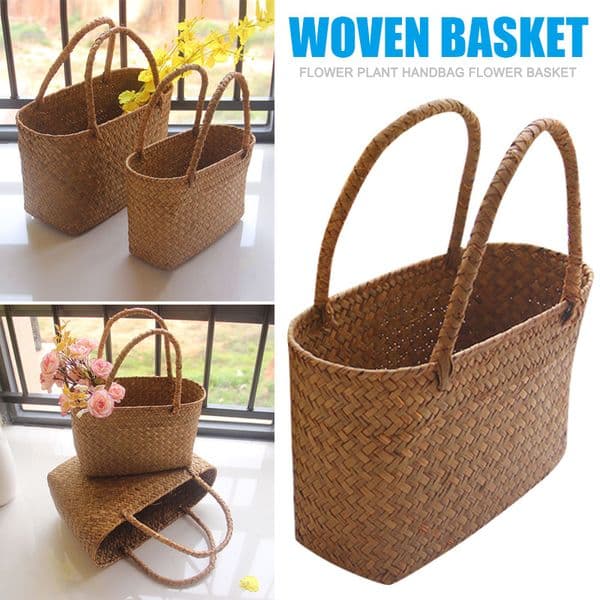 Seaweeds Woven Storage Basket Natural Seagrass Handmade Clothes Laundry Basket Straw Wicker Rattan Storage Flower Pot Beach Bag