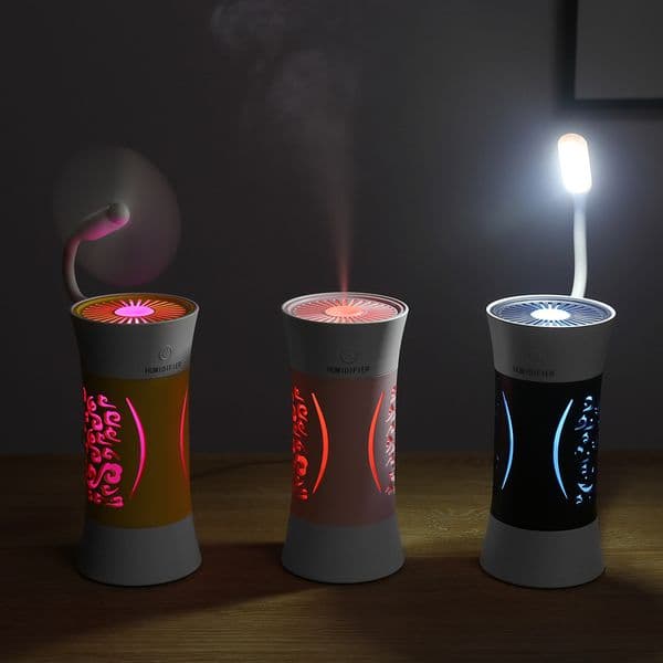 260ML Home Air Humidifier USB Ultrasonic Aroma Essential Oil Diffuser 3 In 1 Mini Humidificador with LED Lamp USB Fan Mist Maker