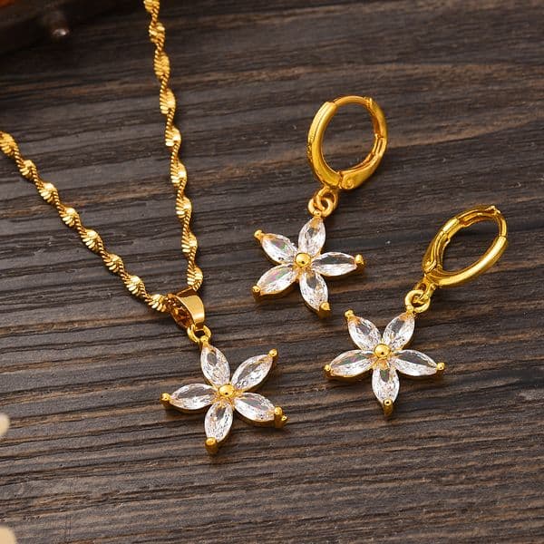 24k Gold Plated Africa White CZ Flower Jewelry Necklace pendant Earrings wedding Birthday Party Jewelry Sets For Women Girl Gift