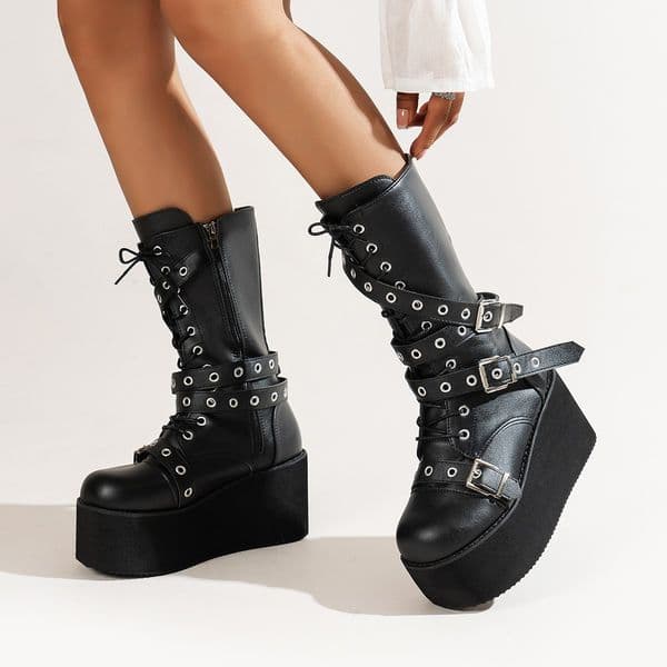 Punk Metal Buckle Platfom Ankle Boots Women 2023 Autumn PU Leather Chunky Heels Gothic Shoes Woman Thick Bottom Motorcycle Botas