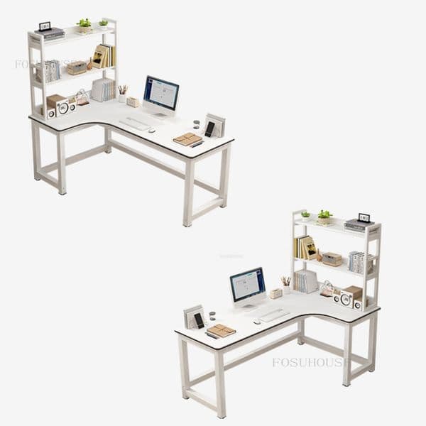 Nordic Corner Computer Desks Bedroom Double Gaming Light L-shaped Home Reading Desk with Bookshelf Office Furniture