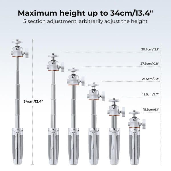 K&F Concept MS02 13.4''/34cm Phone Tripod Selfie Stick Desktop Stand With Bluetooth Remote Control Black & White Color