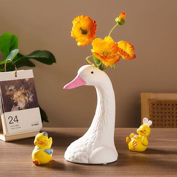 Resin White Goose Flower Vase European Animal Container for Dried Flowers Pot Home Living Room Desktop Decorations