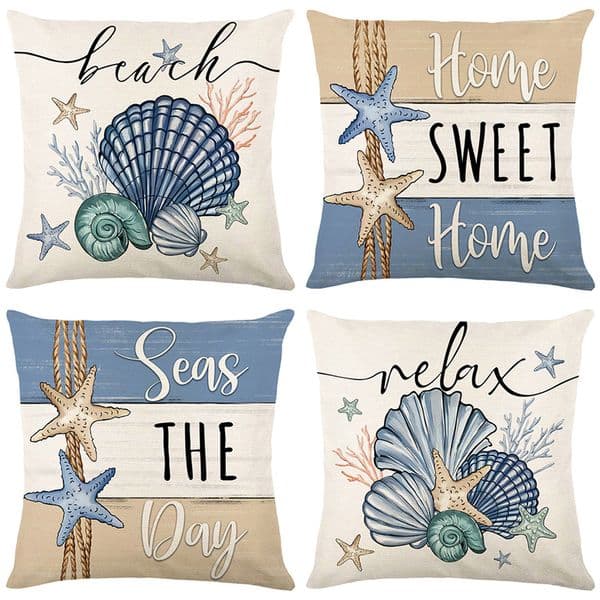 Vintage Ocean Beach Shell Throw Pillow Covers Wooden Coastal Scallop Inspirational Quote Words Decorative Cotton Linen Cushion Cover Customized Decor Home