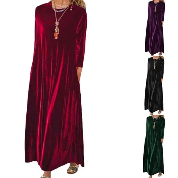 Spring Golden Velvet European and American Slim Style Round Neck Long Dress 241114