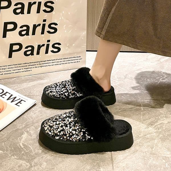 Winter New Warm 4.5CM Platform Slipper Black Bling Sequined Cloth Wool Lined Women Fashion Warm Shoes Luxurious Shiny Cotton Boots High Quality Home Cotton Slippers