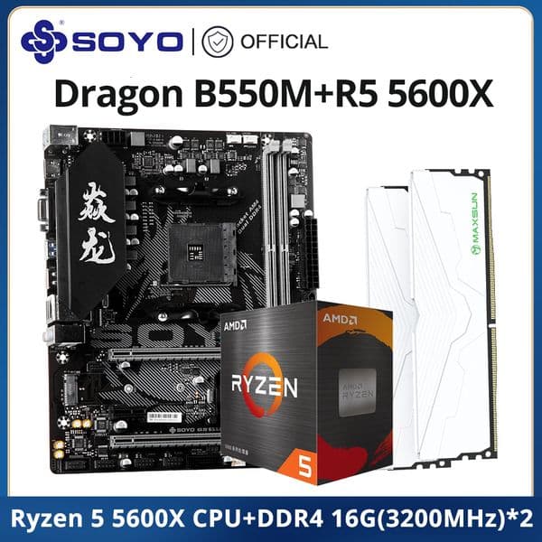 SOYO B550M Motherboard Set with Ryzen 5 5600X CPU DDR4 16GBx2 3200MHz RAM for Desktop Computer Gaming Motherboard Combo