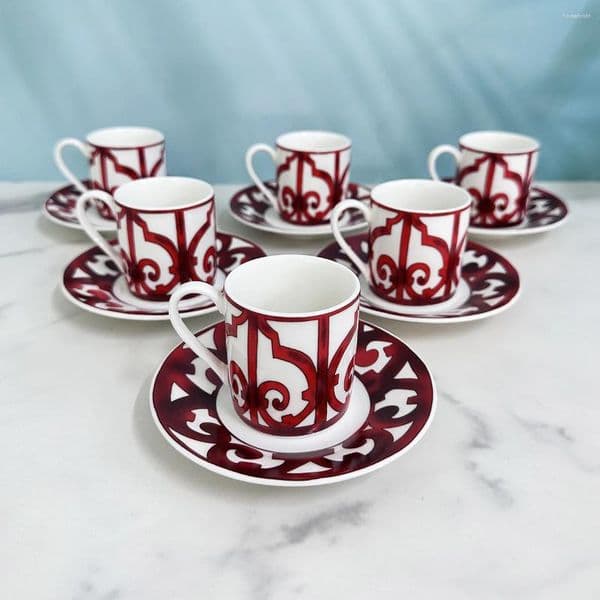 Cups Saucers 6 Pcs Set Chinese Red Top Grade Ceramic Espresso Coffee Cup Tea Milk Drinking With Handle Mug For Office Novelty 33258