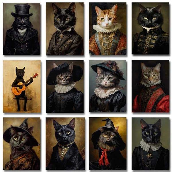 Renaissance Cat Portrait Black Cat Victorian Gothic Poster Canvas Painting Wall Art Living Room Home Decoration W241128