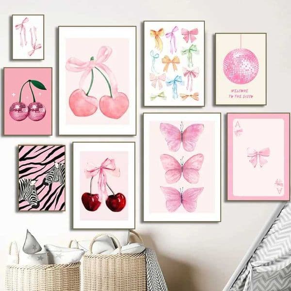 Trendy Watercolor Pink Bow Canvas Wall Art Cherry Disco Ball Zebra Poster Printing Preparatory Girls Room Home Decoration Cuadros W241128