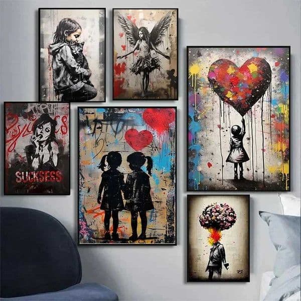 Street Graffiti Wall Street Art Poster Banksy Boys and Girls with Balloon Canvas Poster Printing Living Room Home Decoration Gift W241128
