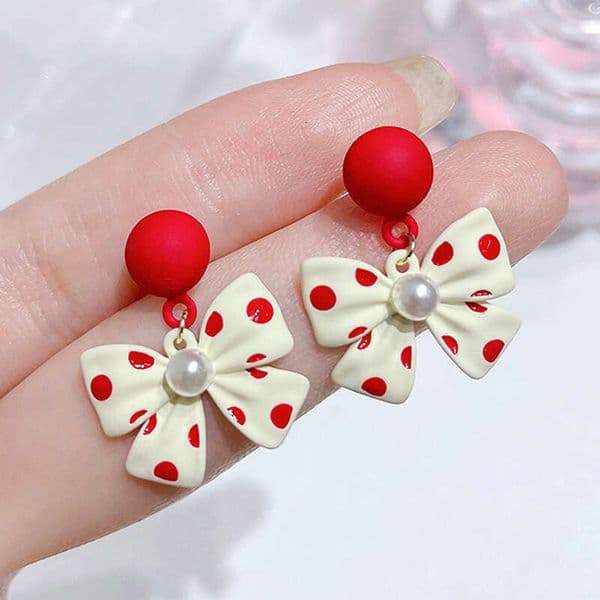 Earrings For Women Red Wave Point Round Pearl Bowknot Sweet Style Wedding Party Elegant Dangle Ear Jewelry