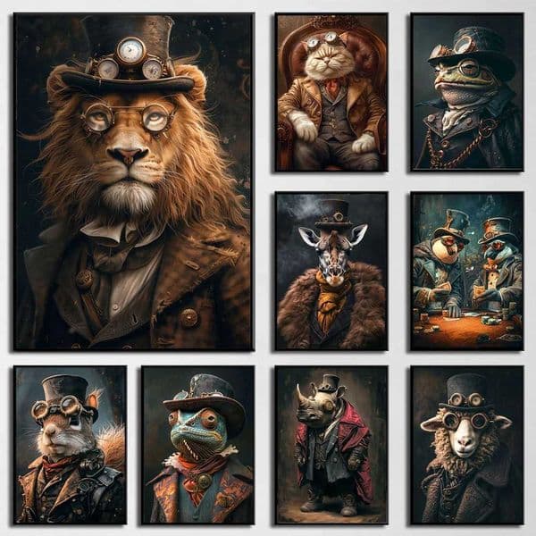 Cool steampunk animal portrait canvas printing poster image retro animal wall art painting ral for living room home decoration W241128