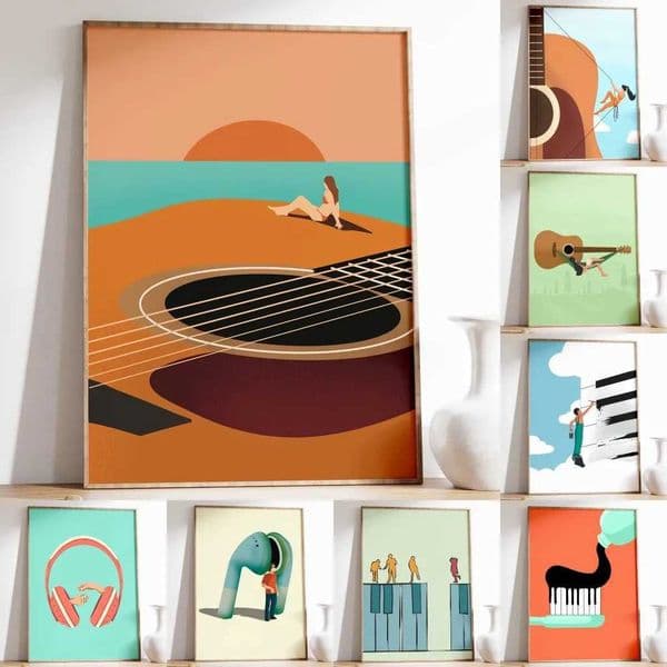 Vintage Sic Art Abstract Instrument Canvas Painting Giant Guitar Piano Key Poster Earphone Printing Home Decoration ral W241128