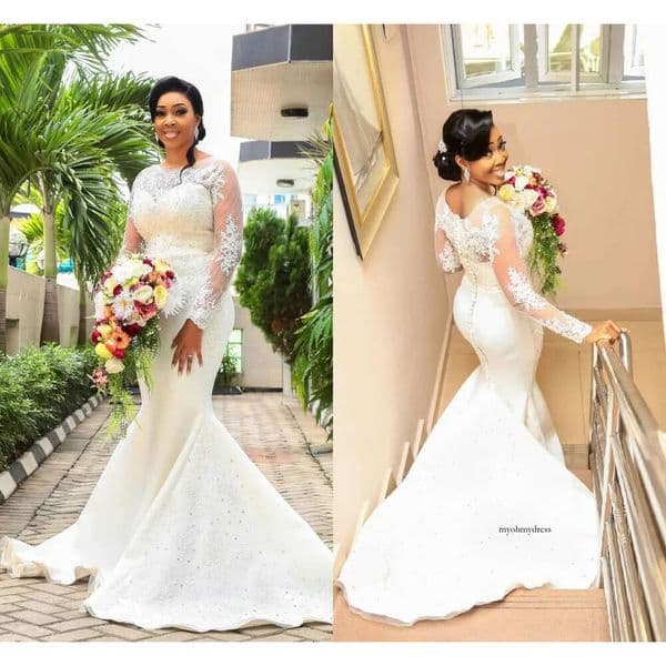 African Nigerian Lace Mermaid Dresses Sequined Beads Long Sleeves Sweep Train Bridal Gowns Wedding Dress Vestidos De Noiva 0430