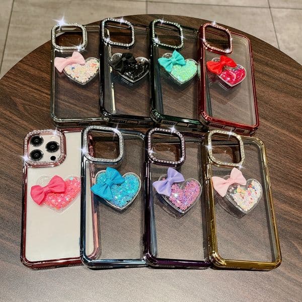 3D Heart Love Bowknot Chromed Cases For iphone 17 Air 16 15 Plus 14 Pro MAX 13 12 11 Bling Diamond Soft TPU Colorful Plating Metallic Shinny Clear Mobile Phone