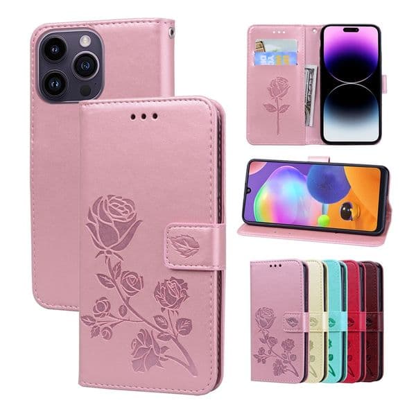 Flower Rose Leather Wallet Cases For Iphone 16E 16 15 Pro Max 14 Plus 13 12 11 X XS XR 8 7 6 Fashion Credit ID Card Slot Magnetic Holder Kickstand Flip Cover